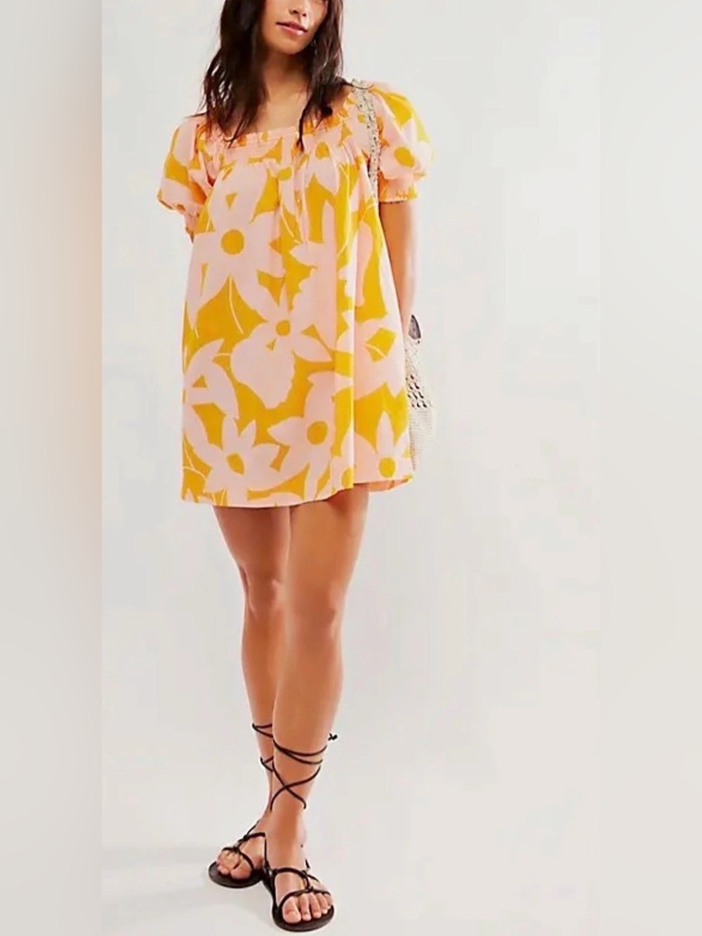 Free People Smock It To Me Mini Dress Apricot Floral Puff Sleeve Size S